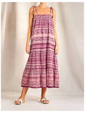 M.A.B.E. Maxi Dress XS Smocked Block Print Sundress w/ Gold Mauve Purple Pink